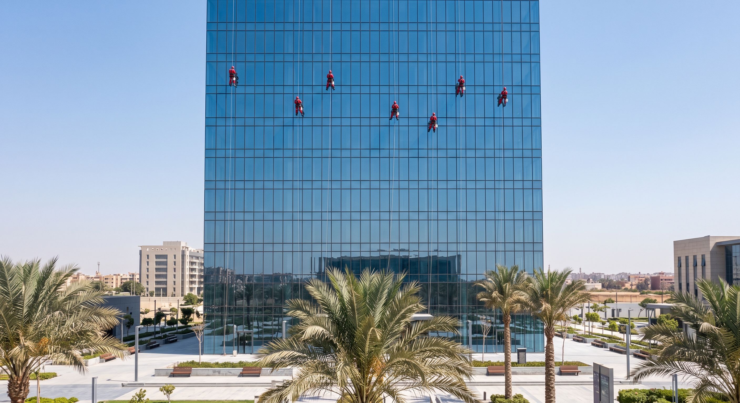 A glass office tower with rope-access crews working across its upper floors