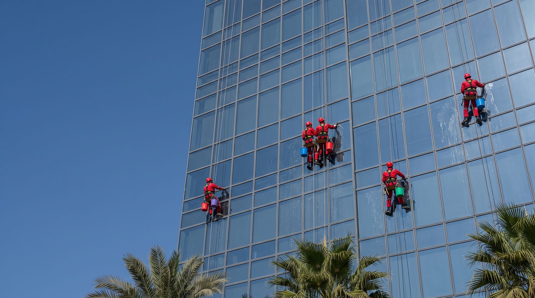 Five rope-access technicians in red cleaning the glass facade of an office tower
