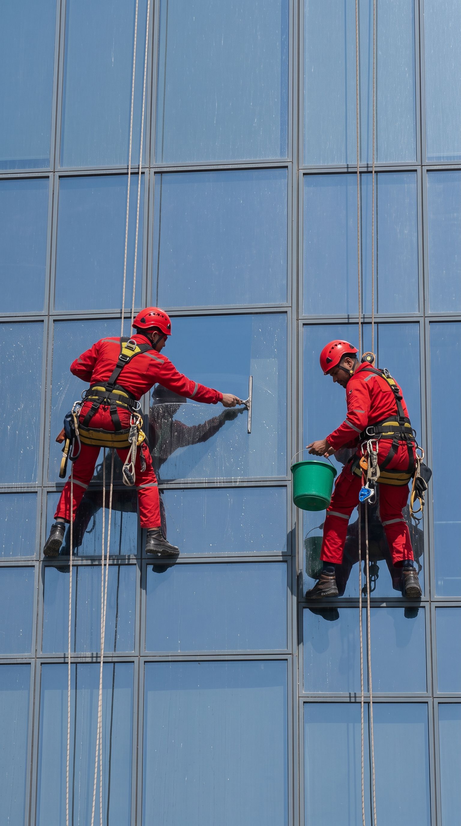 Two technicians in red coveralls cleaning glass with a squeegee